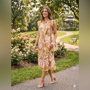 NWT Atelier New York Floral Print Midi Dress in Copper & Pink size 6